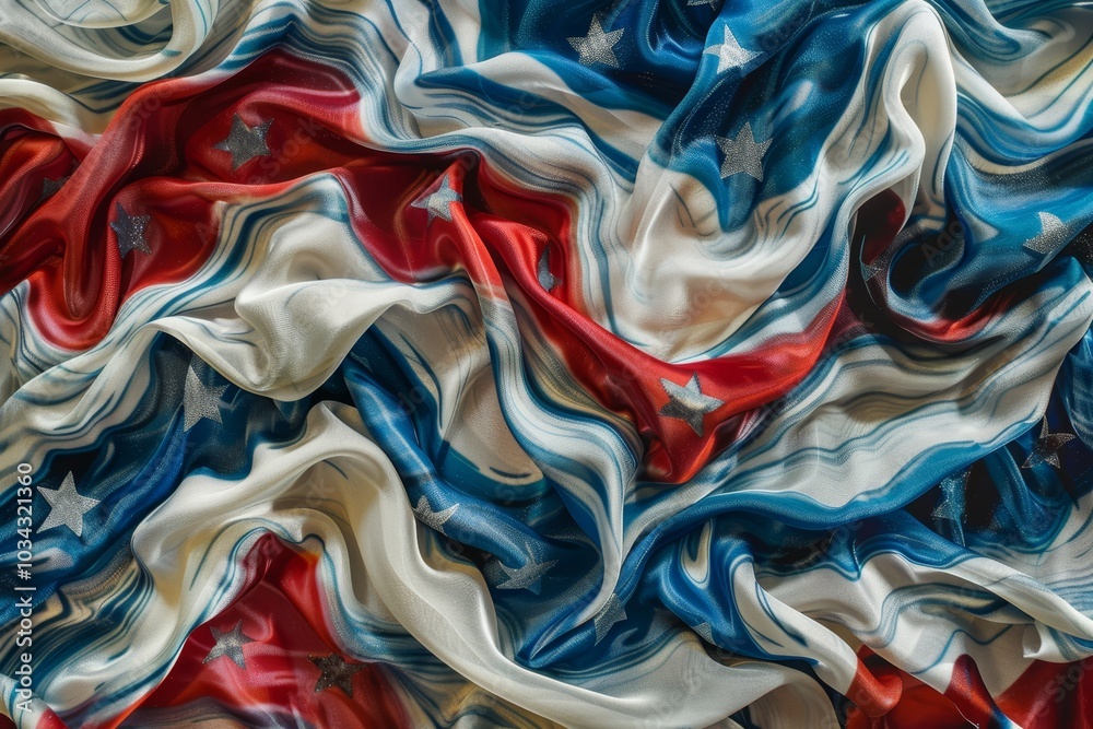 The fabric drapes elegantly in a mix of red, white, and blue, adorned with shining star patterns that evoke a sense of patriotism and celebration for national events. The fabric drapes elegantly in a mix of red, white, and blue, adorned with shining star patterns that evoke a sense of patriotism and celebration for national events.