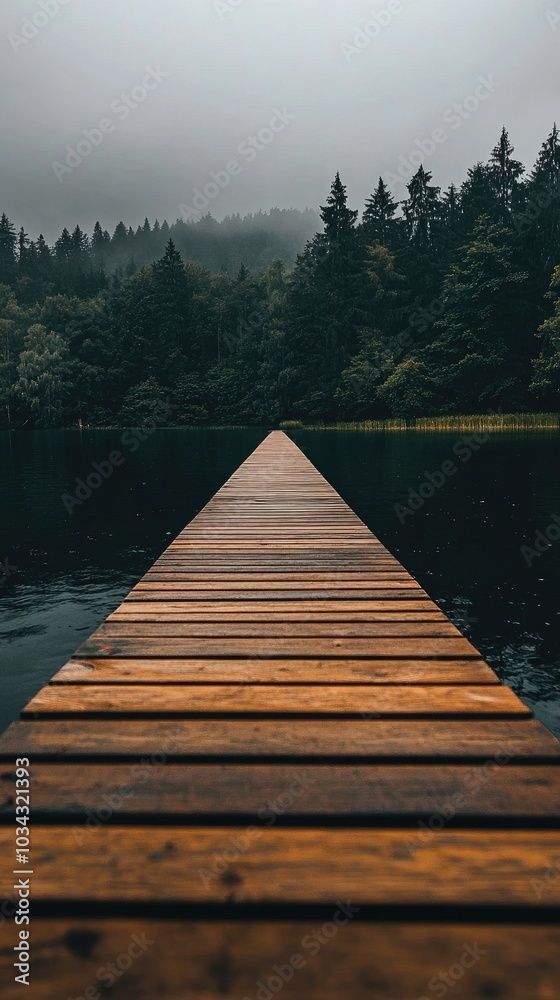 Fototapeta premium A peaceful wooden dock leads into a still lake, bordered by vibrant green trees and softly reflecting the blue sky overhead, creating a serene and calming atmosphere