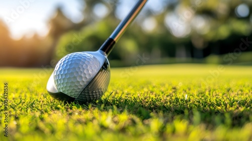 Detailed close-up of a golf ball on a tee with a high-end golf driver beside it, surrounded by vibrant green grass at a scenic golf course