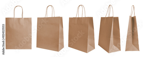 Set of different angles, various perspectives blank brown craft paper bags isolated on white, transparent  background. Eco friendly shopping bag made from recycled paper. Mockup, template