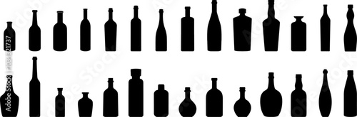 Set of Various bottles Black silhouette vector illustration.