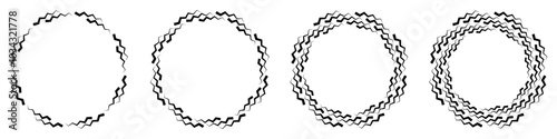 Abstract geometric design in circle shape with spiral lines. Radial rotating shape. Set of four black geometric circular frames forming a design element.
