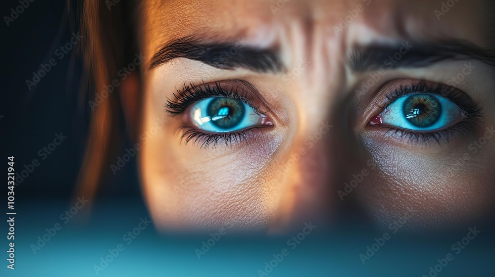 Closeup of a businesswoman s tired face, illuminated by a computer screen, capturing the emotional toll of workplace burnout Closeup of a businesswoman s tired face, illuminated by a computer screen, capturing the emotional toll of workplace burnout