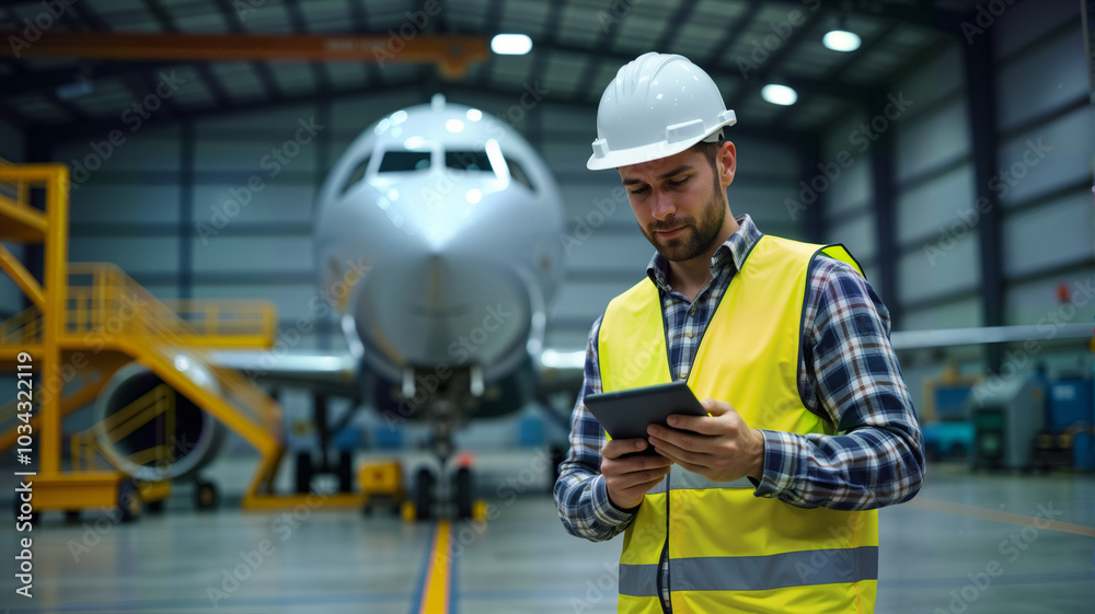 A focused aviation technician in a safety vest checks data on a tablet in front of an aircraft. Ideal for aviation industry marketing, safety training materials, or technical support content A focused aviation technician in a safety vest checks data on a tablet in front of an aircraft. Ideal for aviation industry marketing, safety training materials, or technical support content