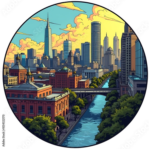 Art of a cityscape featuring a mix of modern and historical buildings, with bold lines and vibrant colors.