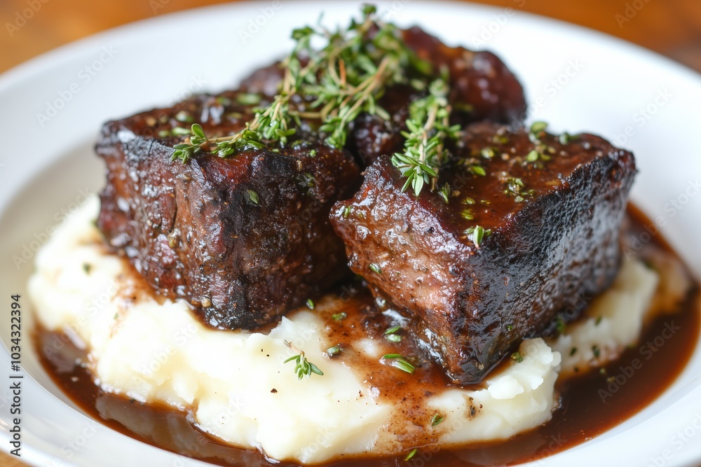 .tender red wine braised short ribs served over creamy mashed potatoes, topped with fresh thyme and a rich, glossy sauce .tender red wine braised short ribs served over creamy mashed potatoes, topped with fresh thyme and a rich, glossy sauce