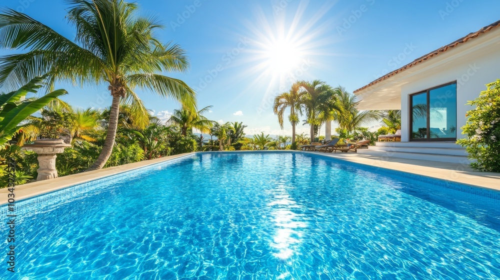 A bright blue swimming pool offering a relaxing vacation atmosphere. A bright blue swimming pool offering a relaxing vacation atmosphere.