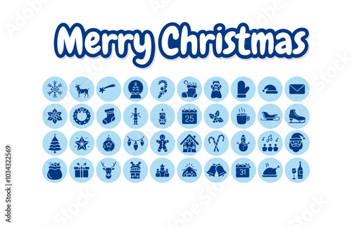 Set of Christmas pictograms in navy blue on light blue background with decorative letters, for any project, vector