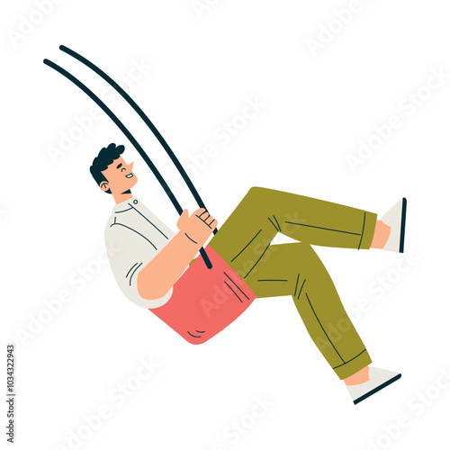 Man Character on Swing Hang with Rope Enjoy Recreation Vector Illustration
