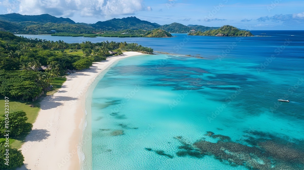 Obraz premium Aerial view of a tropical beach paradise with turquoise waters.