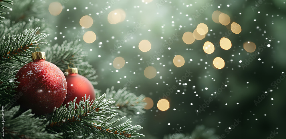 Festive Christmas background with red baubles and soft falling snow, copy space. Generative AI.