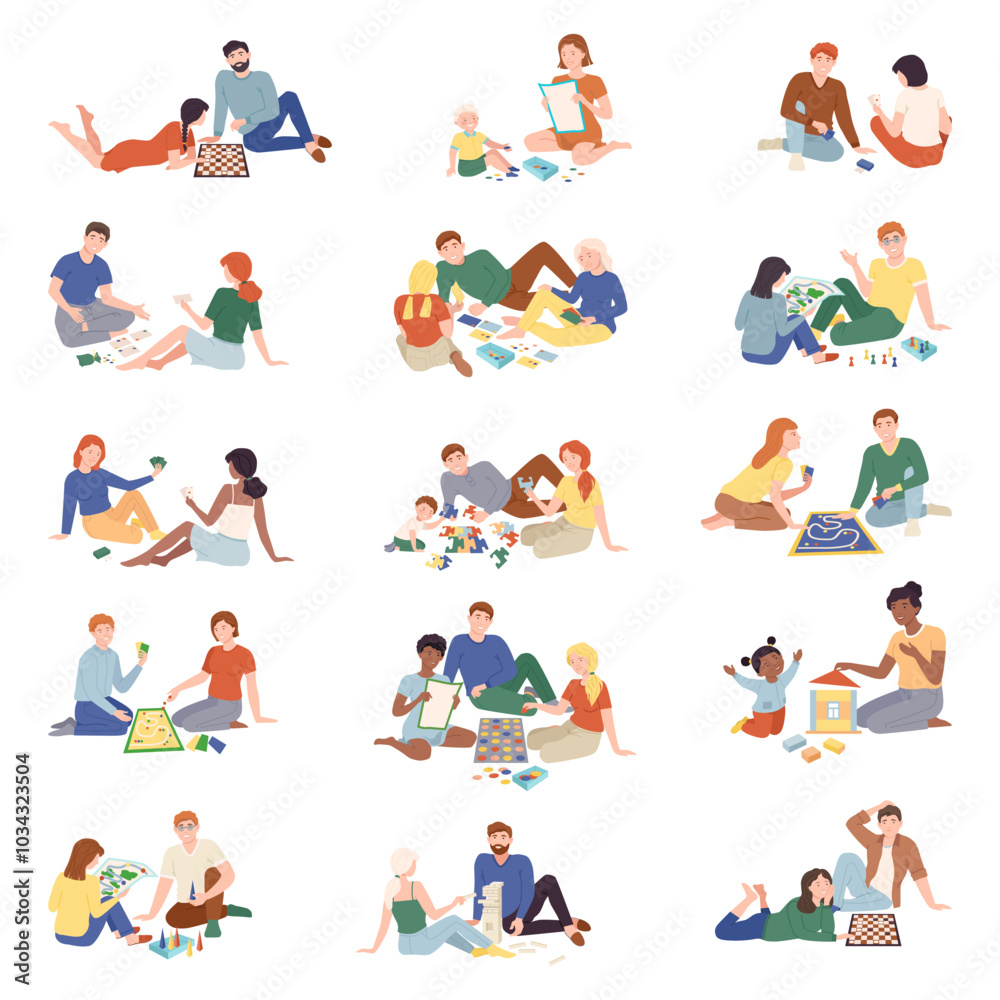 Fototapeta premium People Play Board Games Spend Time Together Big Vector Set