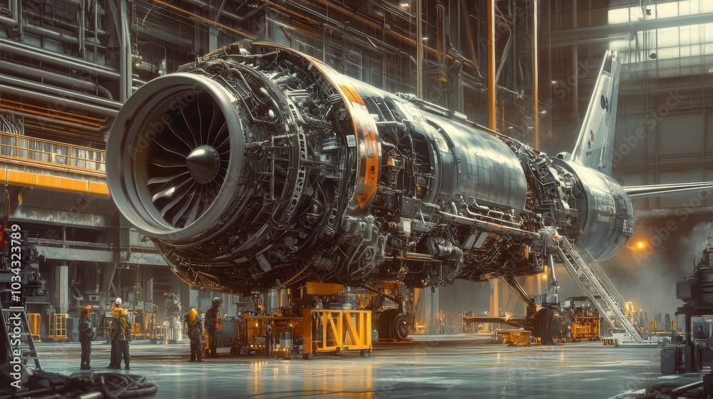 A large jet engine being worked on in a high-tech hangar, with detailed mechanics visible. A large jet engine being worked on in a high-tech hangar, with detailed mechanics visible.
