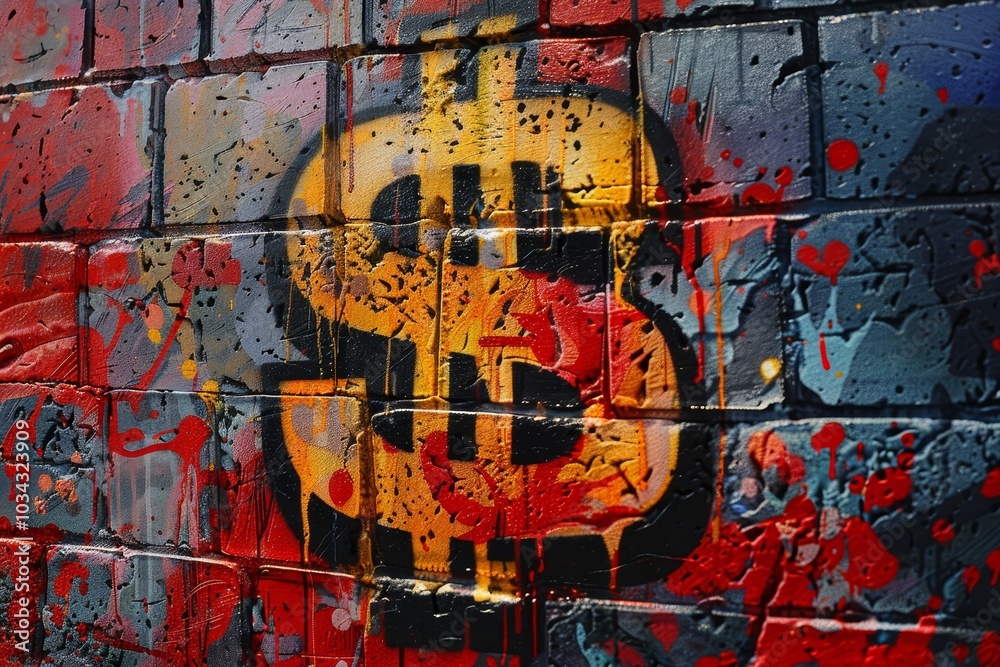 Fototapeta premium A vibrant dollar sign symbol is painted on a textured brick wall, surrounded by splashes of color, showcasing urban street art creativity in broad daylight.