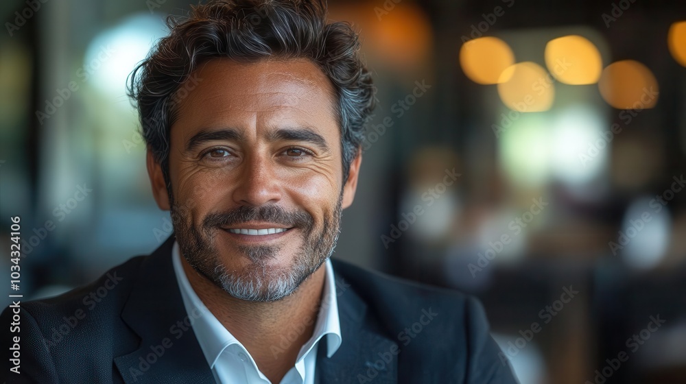 confident and charismatic middleaged hispanic ceo poses for a closeup headshot in a blurred office environment exuding leadership and professionalism with a warm smile confident and charismatic middleaged hispanic ceo poses for a closeup headshot in a blurred office environment exuding leadership and professionalism with a warm smile