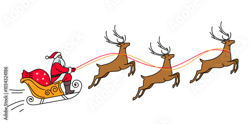 Santa on reindeer and sleigh rides across the sky. Flat vector illustration