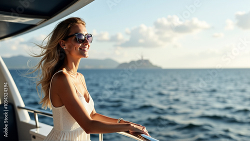 Woman on yacht stock photo