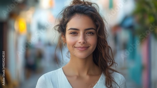 confident indian woman dressed casually smiling directly at the camera embodying selfassurance and approachability in a vibrant urban setting a celebration of cultural diversity