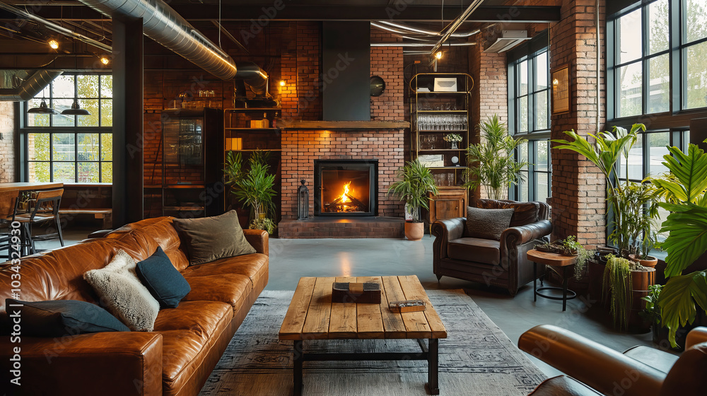 Cozy industrial loft with fireplace and leather furniture in modern living room Cozy industrial loft with fireplace and leather furniture in modern living room