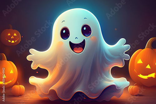 happy halloween cute ghost with  pumpkins cartoon style.