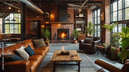 Cozy industrial loft with fireplace and leather furniture in modern living room