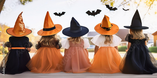 group of little girls in halloween costumes on halloween