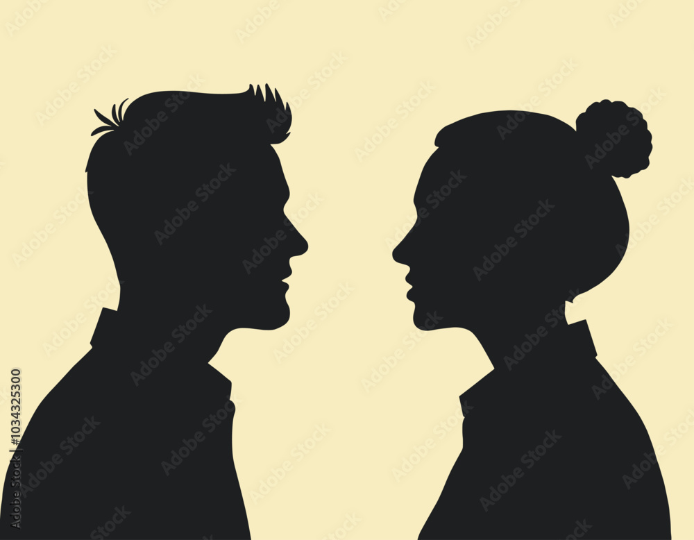 Silhouette of a man and woman facing each other against a soft beige background, conveying a sense of connection and intimacy. Silhouette of a man and woman facing each other against a soft beige background, conveying a sense of connection and intimacy.