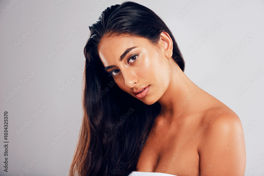 Naklejka premium Woman, portrait and beauty in studio for hair care, luxury salon treatment and healthy texture with glow. Female person, face and keratin on white background for hairstyle, hairdresser and shampoo