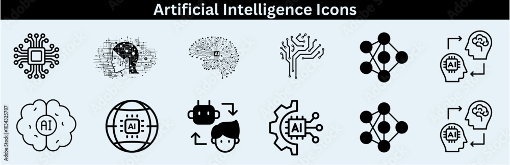 Set of artificial intelligence line icons. Technology, AI, digital, brain, chip etc. Artificial Intelligence Line Editable Icons set—vector illustration in the modern thin-line style of AI technology. Set of artificial intelligence line icons. Technology, AI, digital, brain, chip etc. Artificial Intelligence Line Editable Icons set—vector illustration in the modern thin-line style of AI technology.