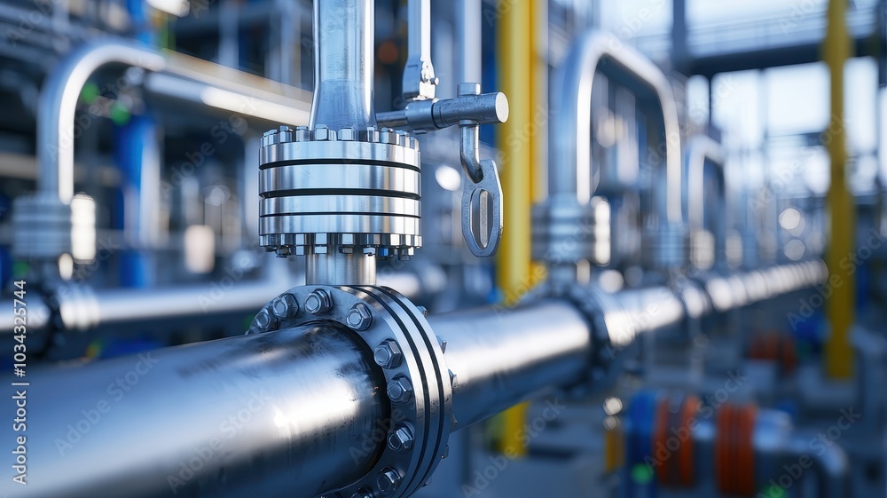 A close-up of industrial piping and valves in a facility, showcasing metallic structures and connectors in a modern environment.