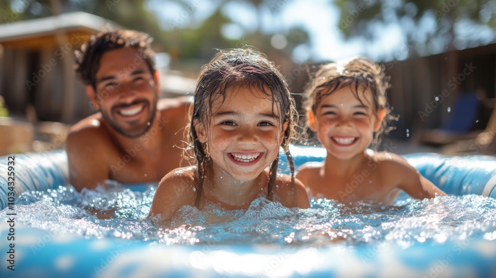 Two children and an adult smile brightly while splashing in a backyard pool on a sunny day, creating joyful memories together in nature. Two children and an adult smile brightly while splashing in a backyard pool on a sunny day, creating joyful memories together in nature.