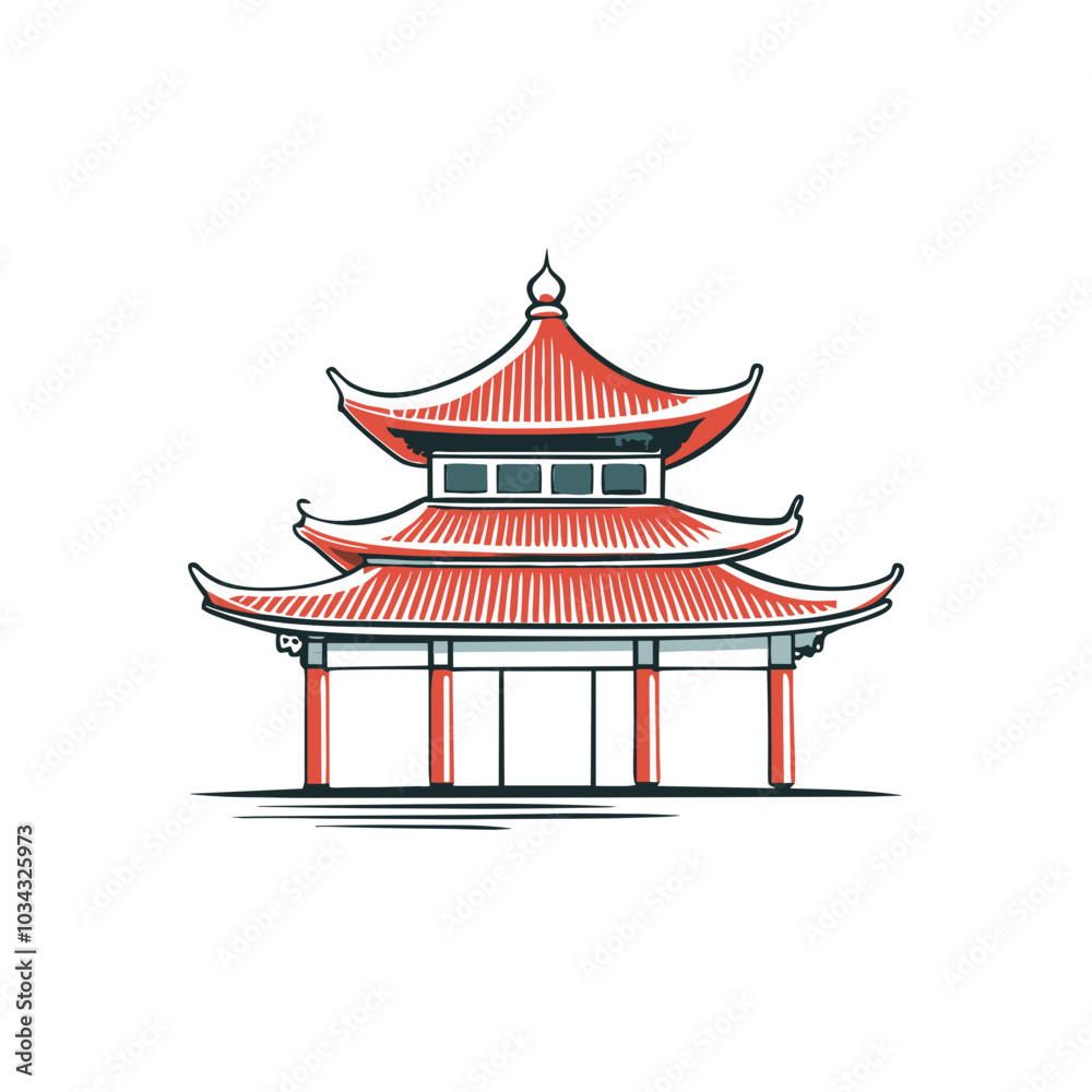 Asian pavilion illustration in red and black for Lunar New Year celebration Asian pavilion illustration in red and black for Lunar New Year celebration