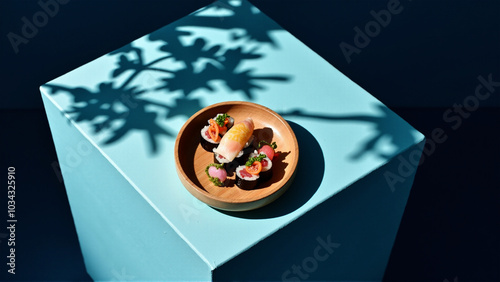 Sushi on wood plate stock photo