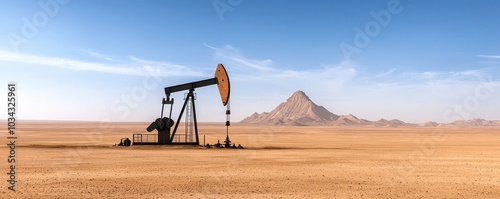 An oil pump jack stands alone in a vast, arid landscape with distant mountains under a clear blue sky, highlighting the isolation of the oil extraction process.