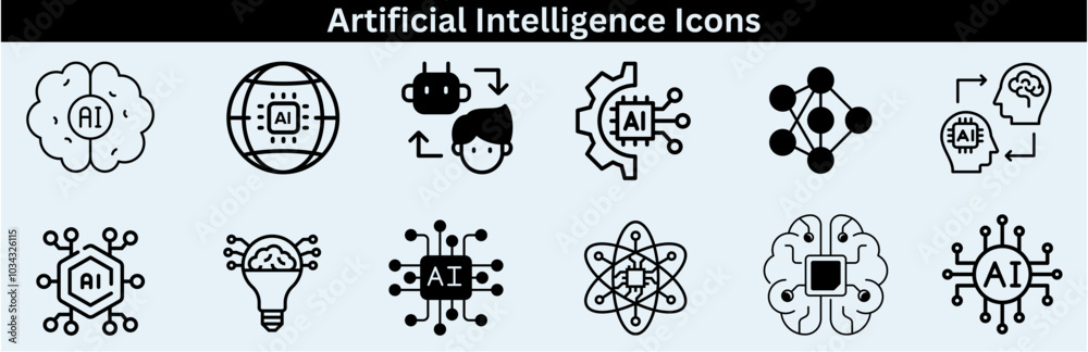 Set of artificial intelligence line icons. Technology, AI, digital, brain, chip etc. Artificial Intelligence Line Editable Icons set—vector illustration in the modern thin-line style of AI technology. Set of artificial intelligence line icons. Technology, AI, digital, brain, chip etc. Artificial Intelligence Line Editable Icons set—vector illustration in the modern thin-line style of AI technology.