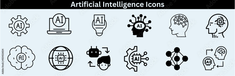 Set of artificial intelligence line icons. Technology, AI, digital, brain, chip etc. Artificial Intelligence Line Editable Icons set—vector illustration in the modern thin-line style of AI technology. Set of artificial intelligence line icons. Technology, AI, digital, brain, chip etc. Artificial Intelligence Line Editable Icons set—vector illustration in the modern thin-line style of AI technology.