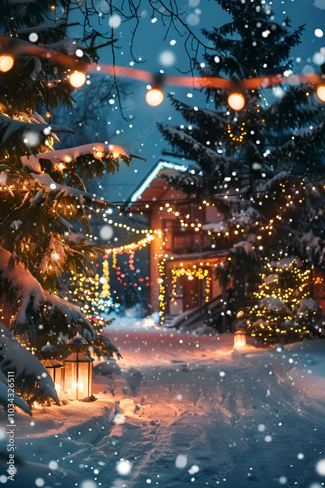 Obraz premium Holiday village, houses decorated for Christmas or New Year's Eve, city street in winter, snow, gifts on the porch and street lights, fairy tale setting 
