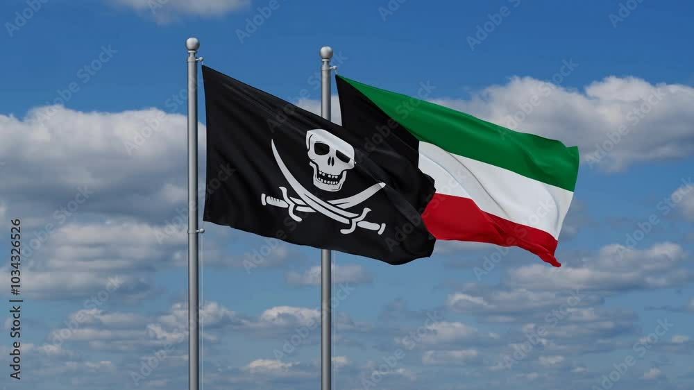 Kuwait and Corsair flags flying together, video concept of the relationship, two country cooperation concept Kuwait and Corsair flags flying together, video concept of the relationship, two country cooperation concept