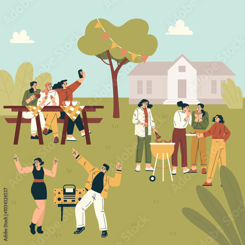 People Relaxing in Nature in the Park Have Barbecue Vector Illustration