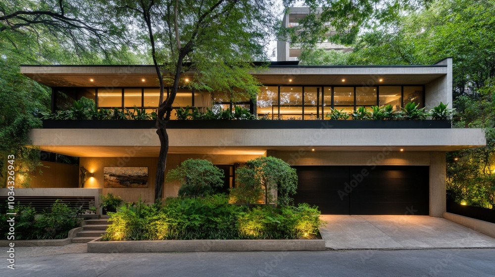 A stylish modern house with expansive glass windows and a lush garden sits quietly in an urban area, blending natural beauty with contemporary architecture A stylish modern house with expansive glass windows and a lush garden sits quietly in an urban area, blending natural beauty with contemporary architecture