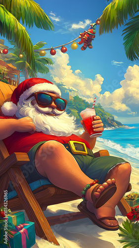 Santa Claus Enjoying a Tropical Beach Vacation