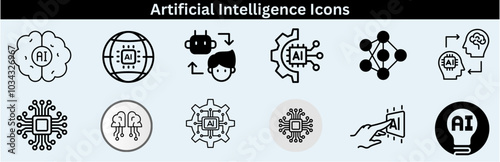 Set of artificial intelligence line icons. Technology, AI, digital, brain, chip etc. Artificial Intelligence Line Editable Icons set—vector illustration in the modern thin-line style of AI technology.