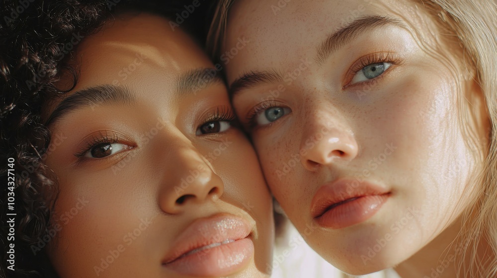 Low angle of young pretty Asian and Caucasian ladies with different types of skin standing near each other and looking at camera in studio. Beauty, facial treatment and spa concept Low angle of young pretty Asian and Caucasian ladies with different types of skin standing near each other and looking at camera in studio. Beauty, facial treatment and spa concept