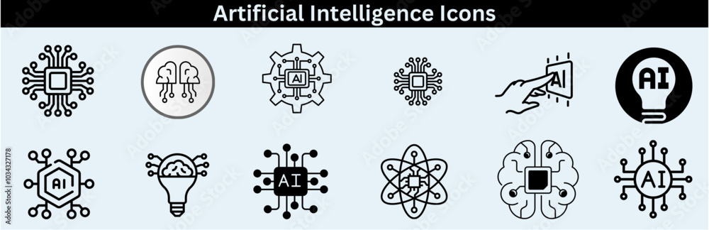 Set of artificial intelligence line icons. Technology, AI, digital, brain, chip etc. Artificial Intelligence Line Editable Icons set—vector illustration in the modern thin-line style of AI technology.