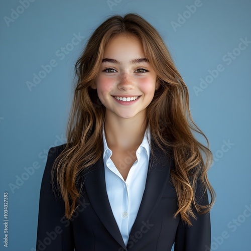 A 15-year-old girl wearing a blue dress with a background of Bisness suits is happy. photo