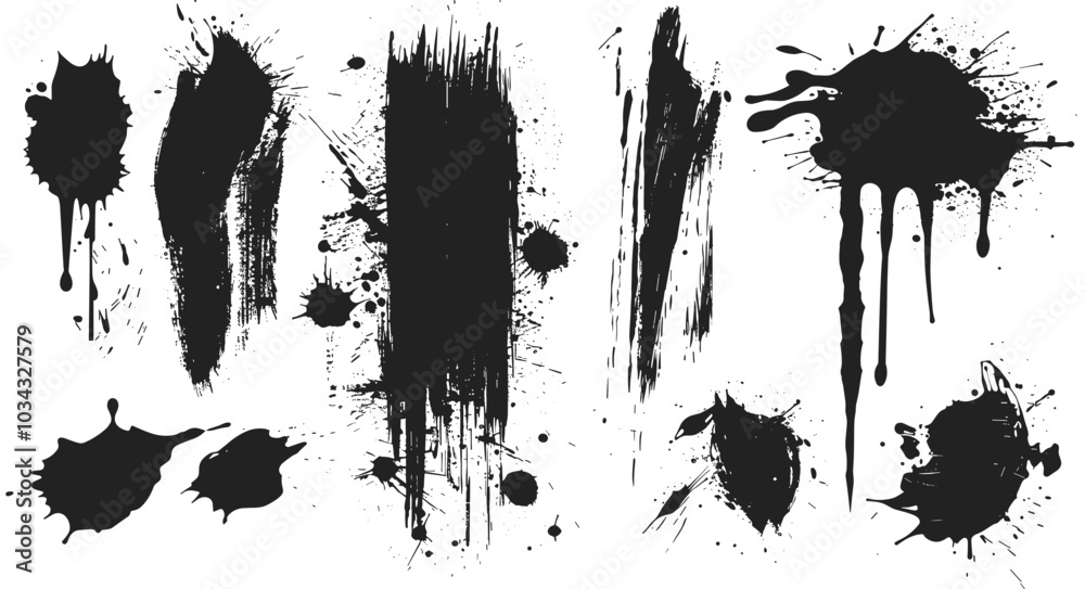 Artistic black ink splatters and strokes create a dynamic and edgy visual on a white background, capturing movement and creativity. Artistic black ink splatters and strokes create a dynamic and edgy visual on a white background, capturing movement and creativity.
