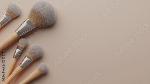 Three makeup brushes of varying sizes are neatly displayed on a plain beige surface, showcasing their soft bristles and elegant wooden handles, ideal for professional or personal use photo