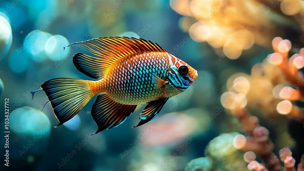 A colorful fish swims through the ocean near coral reefs A colorful fish swims through the ocean near coral reefs