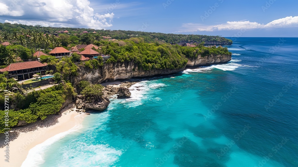 Fototapeta premium An aerial view of Diamond Beach, Bali, showcasing vibrant turquoise waters crashing against the rugged cliffs, with a lush green outcrop jutting into the ocean and a small pristine beach nestled betwe