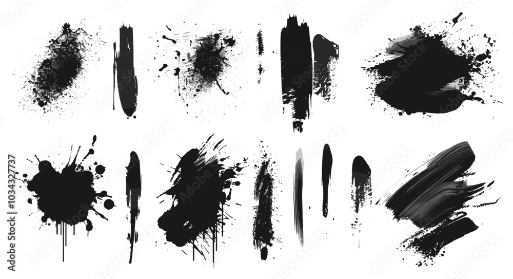 A collection of expressive black ink splatters and brush strokes on a clean white background, showcasing dynamic artistic elements. A collection of expressive black ink splatters and brush strokes on a clean white background, showcasing dynamic artistic elements.